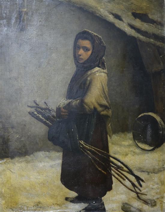 Aristede K..., oil on canvas, Peasant girl carrying faggots of wood, indistinctly signed, 103 x 79cm, unframed
